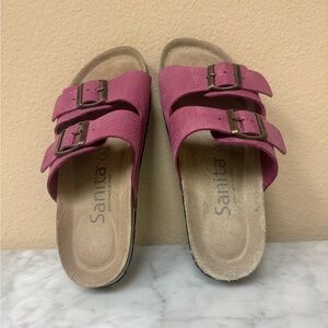 Sanita Pink Double-Buckle Leather Slide Sandals